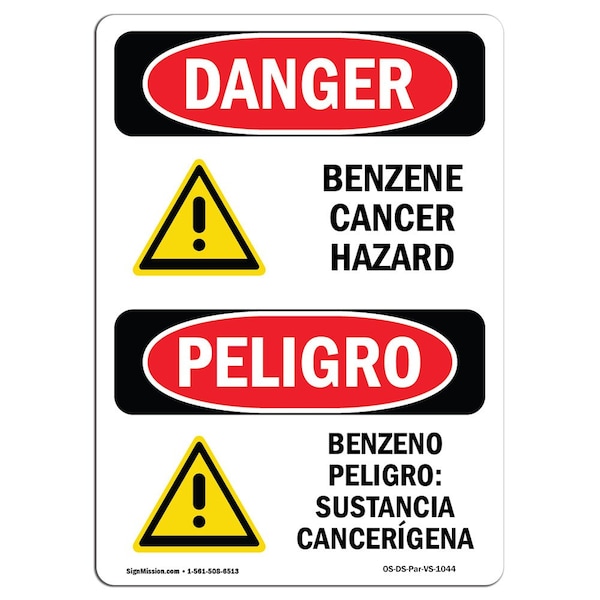 Safety Sign, OSHA Danger, 5" Height, Benzene Cancer Hazard Bilingual Spanish, 10PK